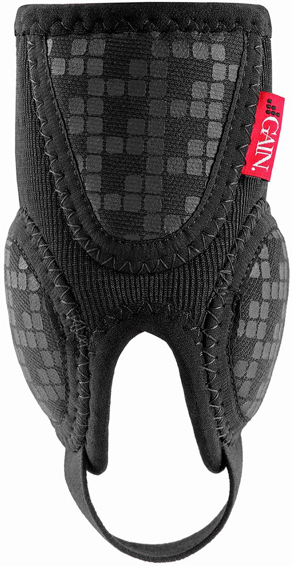 GAIN Protection Pro Junior Ankle Protectors - Black by GAIN feature a black and gray checkered design, reinforced stitching, a red side label, and provide impact protection and support for dogs with joint or leg injuries.