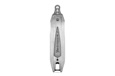 A long, curved metallic component crafted with 6061-T6 aluminium construction and a hook on top, featuring intricate detailing along the surface, labeled "Ethic". The shiny and smooth finish reflects light beautifully. It seems to be part of the Ethic DTC Pandemonium V2 Raw Stunt Scooter Deck, measuring 5.1" x 18.1".