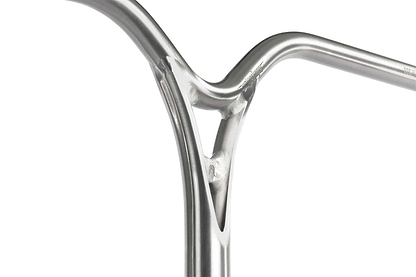 Close-up of intersecting Ethic DTC Wolpertinger Aluminium IHC Stunt Scooter Bars (Raw Silver, 670mm x 560mm) with smooth welds and a Y-shaped connection—perfect for stunt scooters—shown against a white background.
