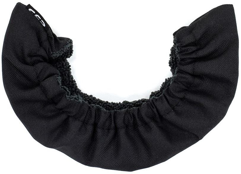 The SFR Ice Skate Blade Soakers - Black, by SFR, features a black semi-circular padded band with an elastic edge and fleece interior. It serves as a warm, absorbent microfiber cover, likely providing moisture protection for clothing or furniture.
