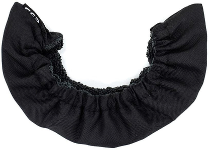 The SFR Ice Skate Blade Soakers - Black, by SFR, features a black semi-circular padded band with an elastic edge and fleece interior. It serves as a warm, absorbent microfiber cover, likely providing moisture protection for clothing or furniture.