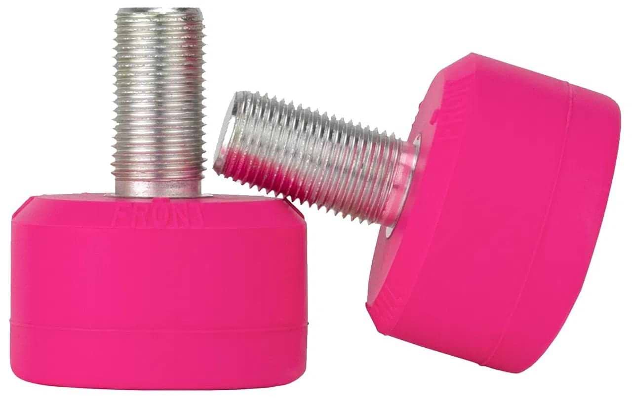 Two Gumball Roller Skate Long 30mm 75A Toe Stops in Cherry Pink are displayed, with one upright and the other leaning horizontally. The vibrant hues and shiny metallic stems highlight their design, offering excellent skating control and stopping power for a smooth ride.