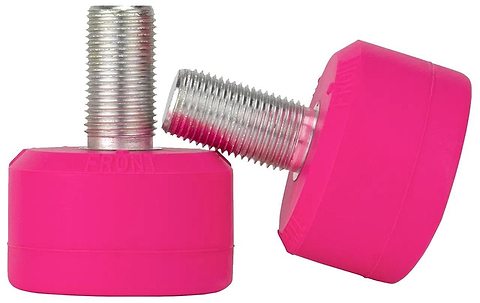 Two Gumball Roller Skate Long 30mm 75A Toe Stops in Cherry Pink are displayed, with one upright and the other leaning horizontally. The vibrant hues and shiny metallic stems highlight their design, offering excellent skating control and stopping power for a smooth ride.