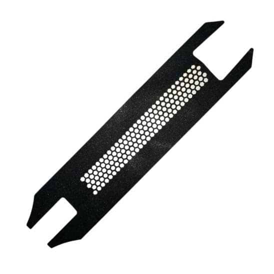 The Root Industries Invictus V2 Stunt Scooter Griptape - Honeycore, featuring a black metal grille cover with a rectangular shape and a row of perforated hexagonal holes, pairs perfectly with Root Industries Griptape for superior grip.