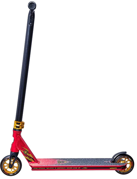 The Lucky Jon Marco Gaydos Signature Stunt Scooter by Lucky features a red, gold, and black design with a long handlebar, graphic-decorated deck with an inspiring message, and 110mm Lunar Hollow Core Wheels for smooth rides.