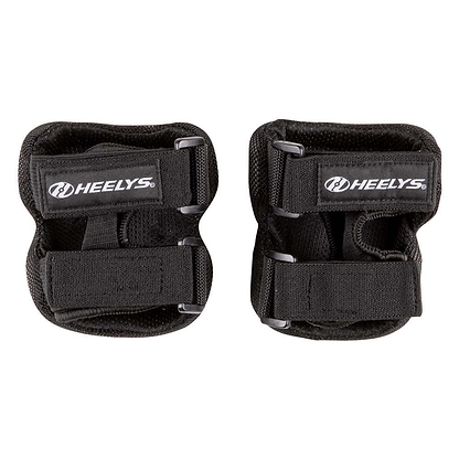 A pair of black and white Heelys F2 Junior Triple Skate Protection Pad Sets with adjustable straps and EPE foam, featuring the Heelys logo, are displayed side by side on a white background.