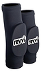 The Revvi Kids Elbow MTB Protection Pads - Black provide durable impact protection, featuring the "revvi" logo in white on the front for reliable and lasting elbow safety.