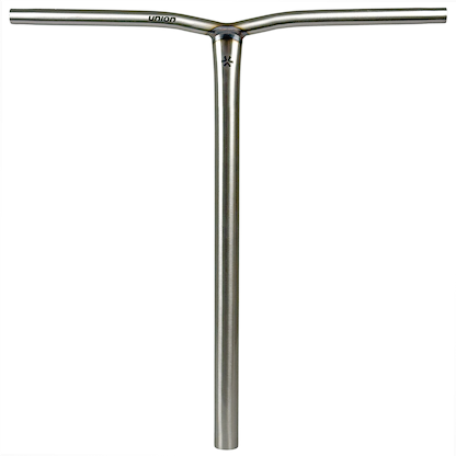 The Union Uniq Bend Steel Standard IHC Stunt Scooter Bar in silver (650mm x 600mm) by Union features chromoly steel construction and a T-shaped design with a small logo and "union" printed near the top center.