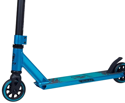 The Panda Cub Complete Stunt Scooter - Teal by Panda is a junior scooter with two small wheels, a sturdy deck, and rear fender brake, shown side-on against a white background—ideal for skatepark fun.