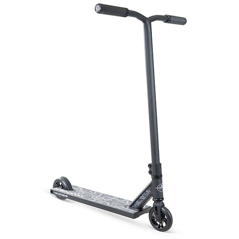 The Madd Gear MG 4 Titan Complete Stunt Scooter - Black by Madd Gear (MGP), featuring a textured deck, black handlebars, and two small black wheels, is shown on a plain white background.