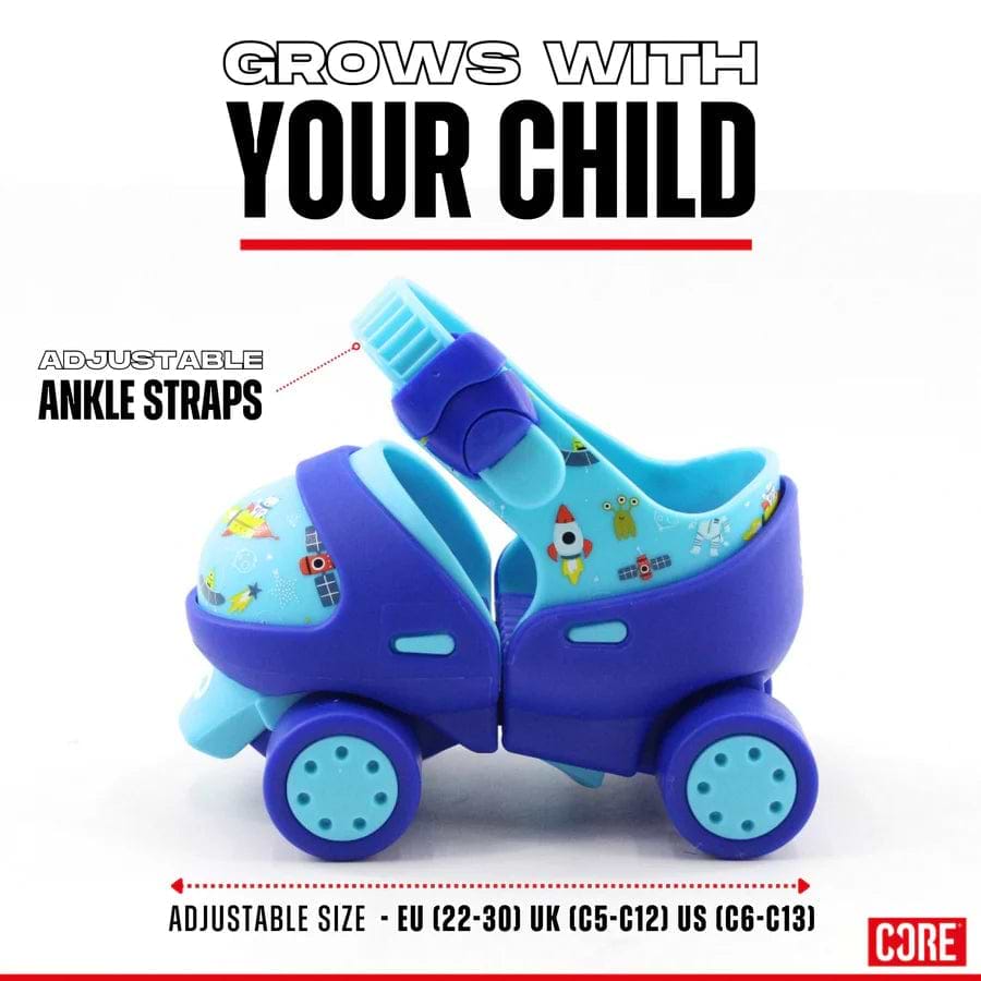 The CORE Kids Stomp & Roll Adjustable Learner Skates in blue are adorned with cheerful rocket and planet motifs, making them ideal for beginner skaters. They feature adjustable ankle straps and wheels, with the message "GROWS WITH YOUR CHILD" prominently displayed. These skates accommodate various adjustable sizes for EU, UK, and US measurements.