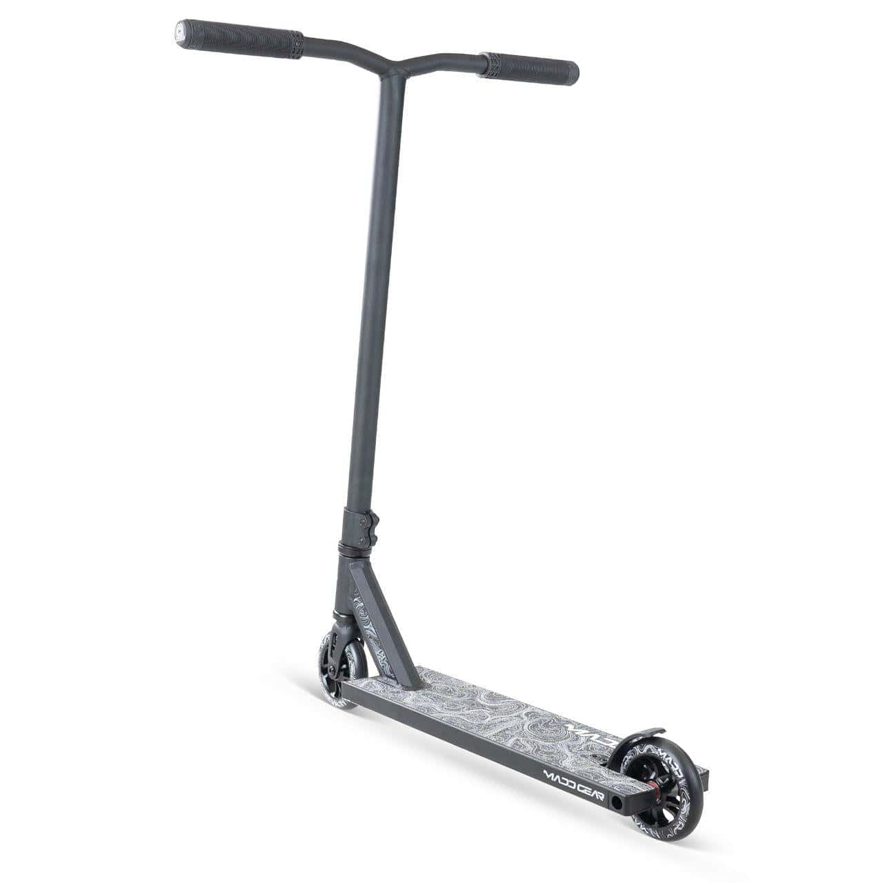 The Madd Gear (MGP) MG 4 Titan Complete Stunt Scooter in black features a wide handlebar, patterned deck, and small solid wheels—ideal for freestyle tricks. Shown on a white background.