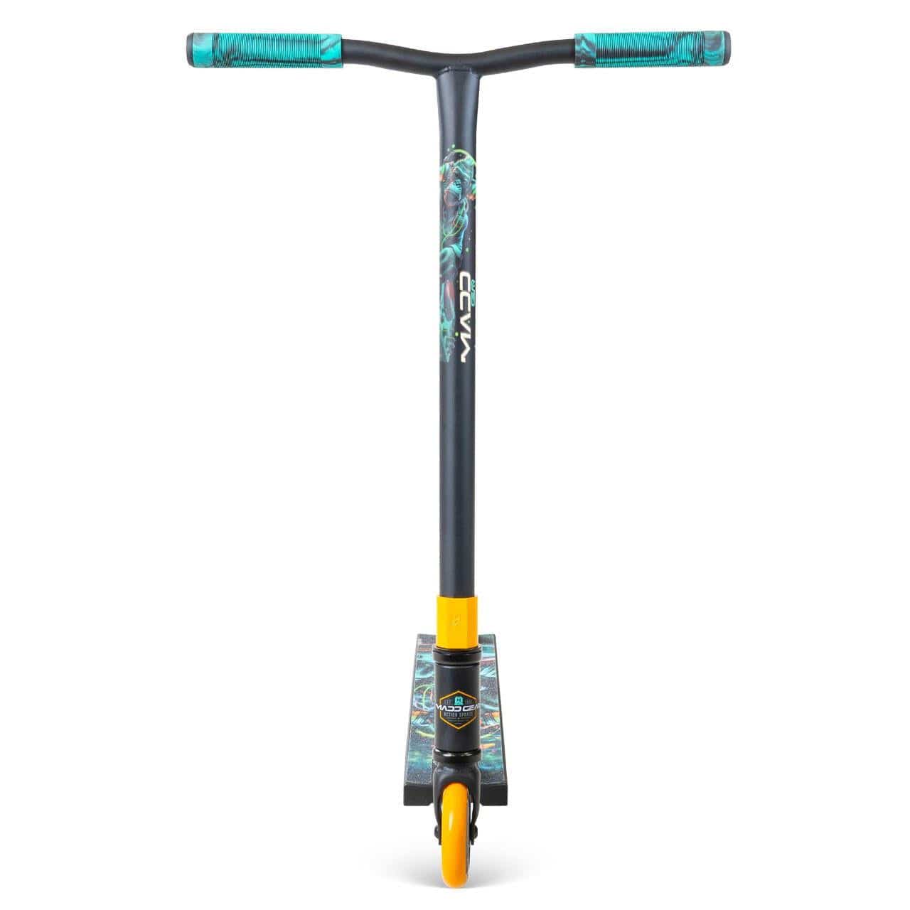 The Madd Gear MG 2 Obsidian Complete Stunt Scooter - DJ Rilla by MGP is shown front view, featuring a black and teal handlebar, teal grips, yellow front wheel, High-Speed ABEC-5 Chrome bearings, and a deck with colorful graphics.