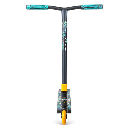 The Madd Gear MG 2 Obsidian Complete Stunt Scooter - DJ Rilla by MGP is shown front view, featuring a black and teal handlebar, teal grips, yellow front wheel, High-Speed ABEC-5 Chrome bearings, and a deck with colorful graphics.