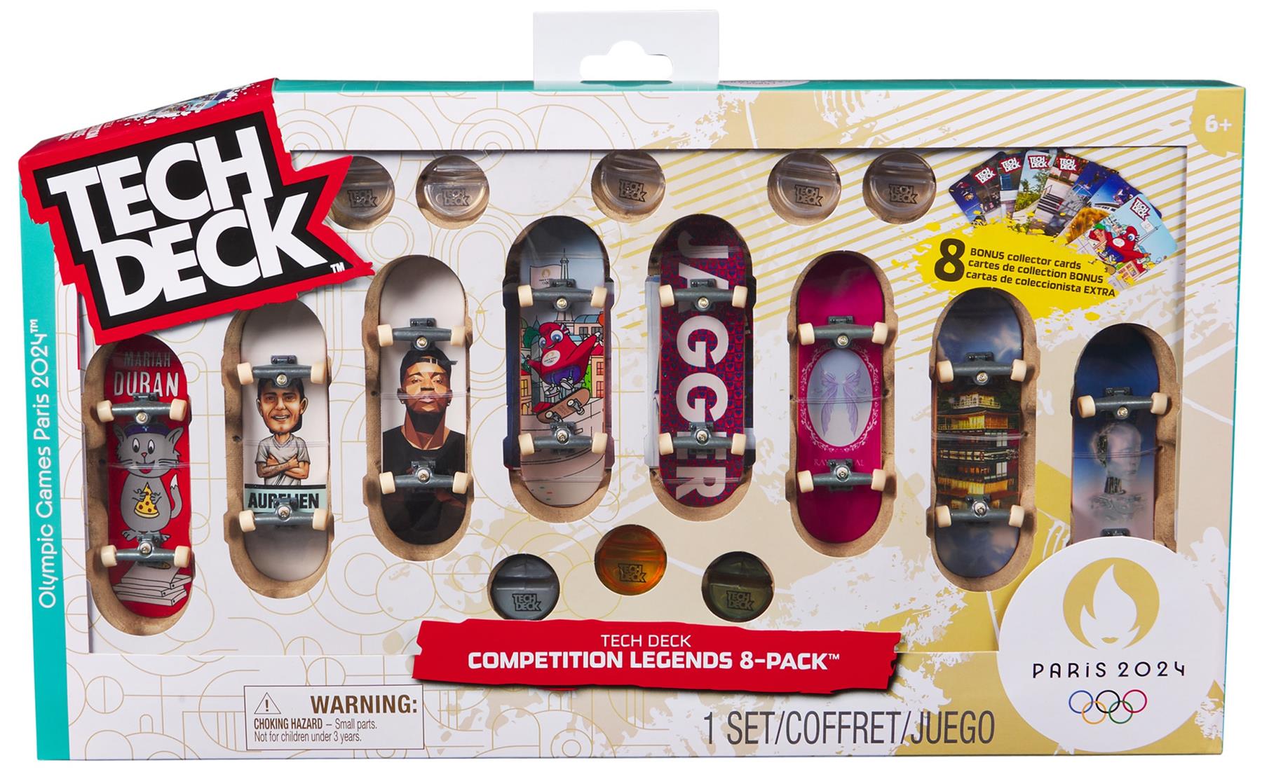 The Tech Deck Olympic Competition Legends Fingerboards - 8 Pack features eight unique mini fingerboards with Paris 2024 designs and legends, all in special packaging with official Paris 2024 branding.