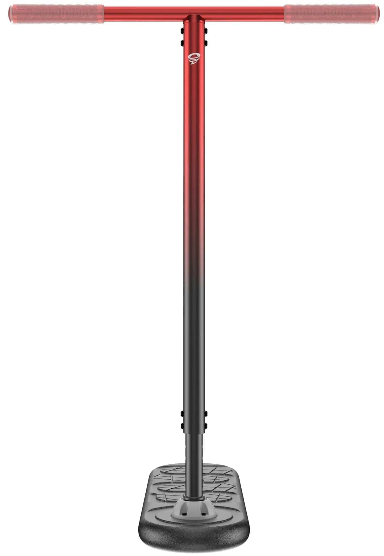 The INDO Fusion Indoor Trampoline Scooter in Tornado Red/Black features rubber grips and a black textured base with a Ball Head Bearing System. Shown front-facing and centered against a white background.