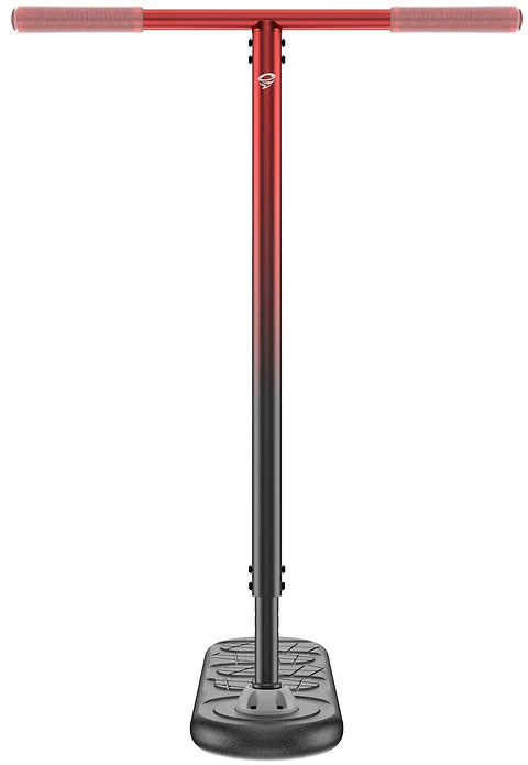 The INDO Fusion Indoor Trampoline Scooter in Tornado Red/Black features rubber grips and a black textured base with a Ball Head Bearing System. Shown front-facing and centered against a white background.