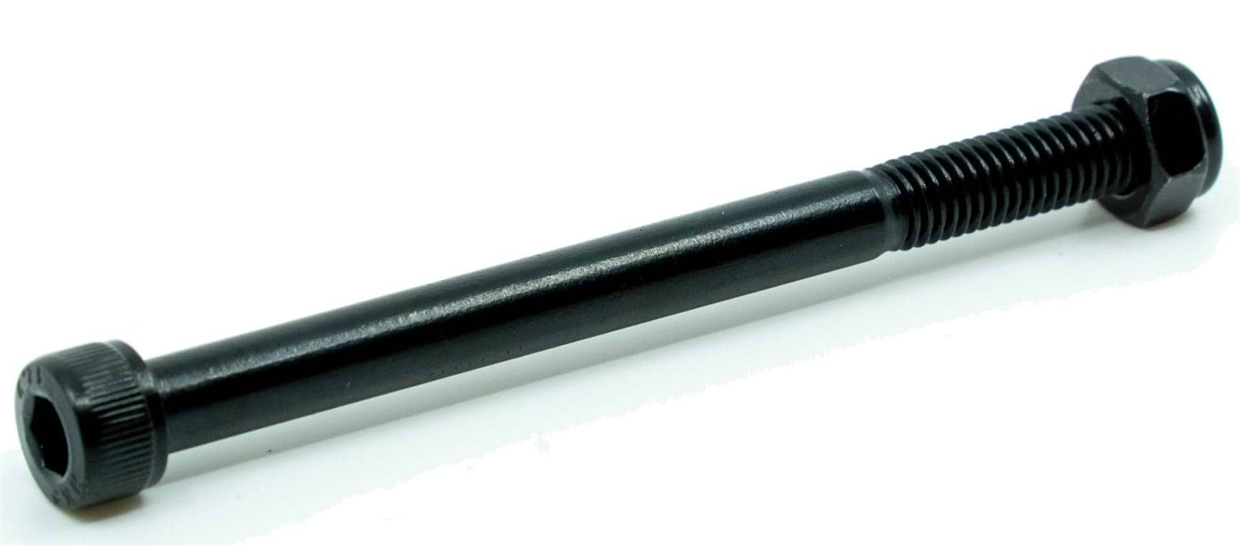 The CORE Replacement 110mm Stunt Scooter Rear Axle Bolt, a long black bolt with a partially threaded shaft, lies diagonally on a white background—perfect for replacing your stunt scooter’s rear axle.