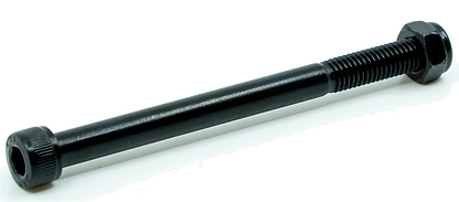 The CORE Replacement 110mm Stunt Scooter Rear Axle Bolt, a long black bolt with a partially threaded shaft, lies diagonally on a white background—perfect for replacing your stunt scooter’s rear axle.