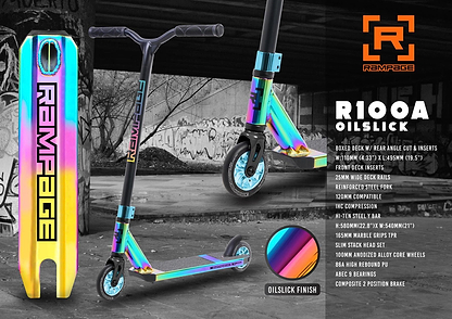 The Rampage R100A Complete Stunt Scooter in Oil Slick Neochrome features a boxed deck, black handlebars, and the Rampage logo, with key specs listed beside this vibrant park scooter and branding in the top right corner.
