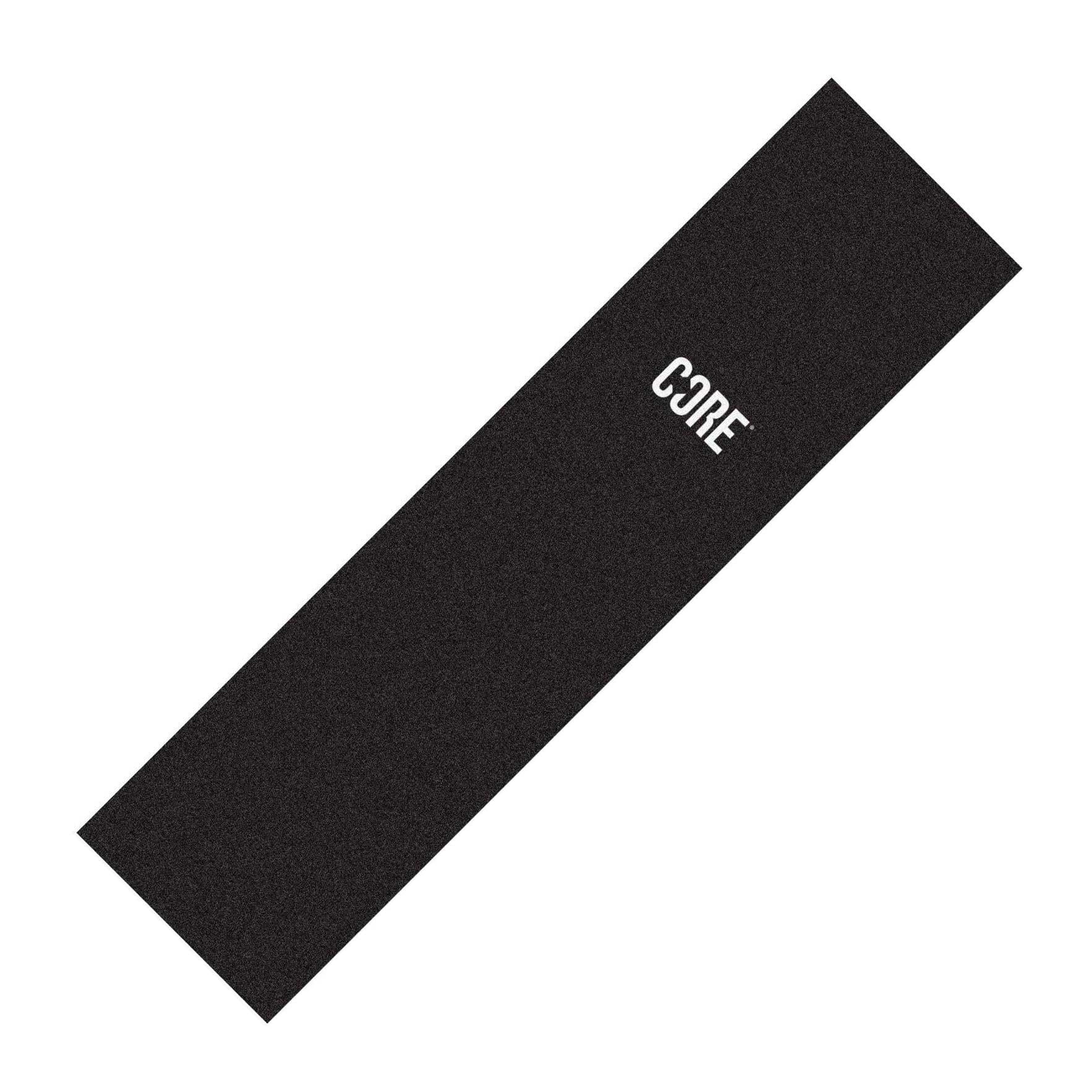 Introducing the CORE Stunt Scooter Griptape - Stamp, a black mat featuring the "CORE" logo in white at one end. This product delivers ultimate grip with its lightly textured surface, reminiscent of yoga mats designed for those eager to enhance their workout experience with dependable support.