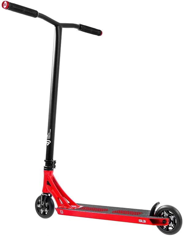 The CORE SL3 Complete Stunt Scooter by CORE, in red and black, features a wide handlebar, black deck with red accents, and a lightweight build—ideal for tricks and freestyle riding at the skatepark.