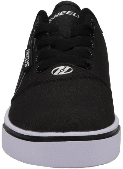 Heelys Pro 20 PRNT Glow Boys Shoes in black/white by Heelys, shown from the front with black laces, white logo on the tongue, a white sole with a thin black stripe, and low-profile wheels.