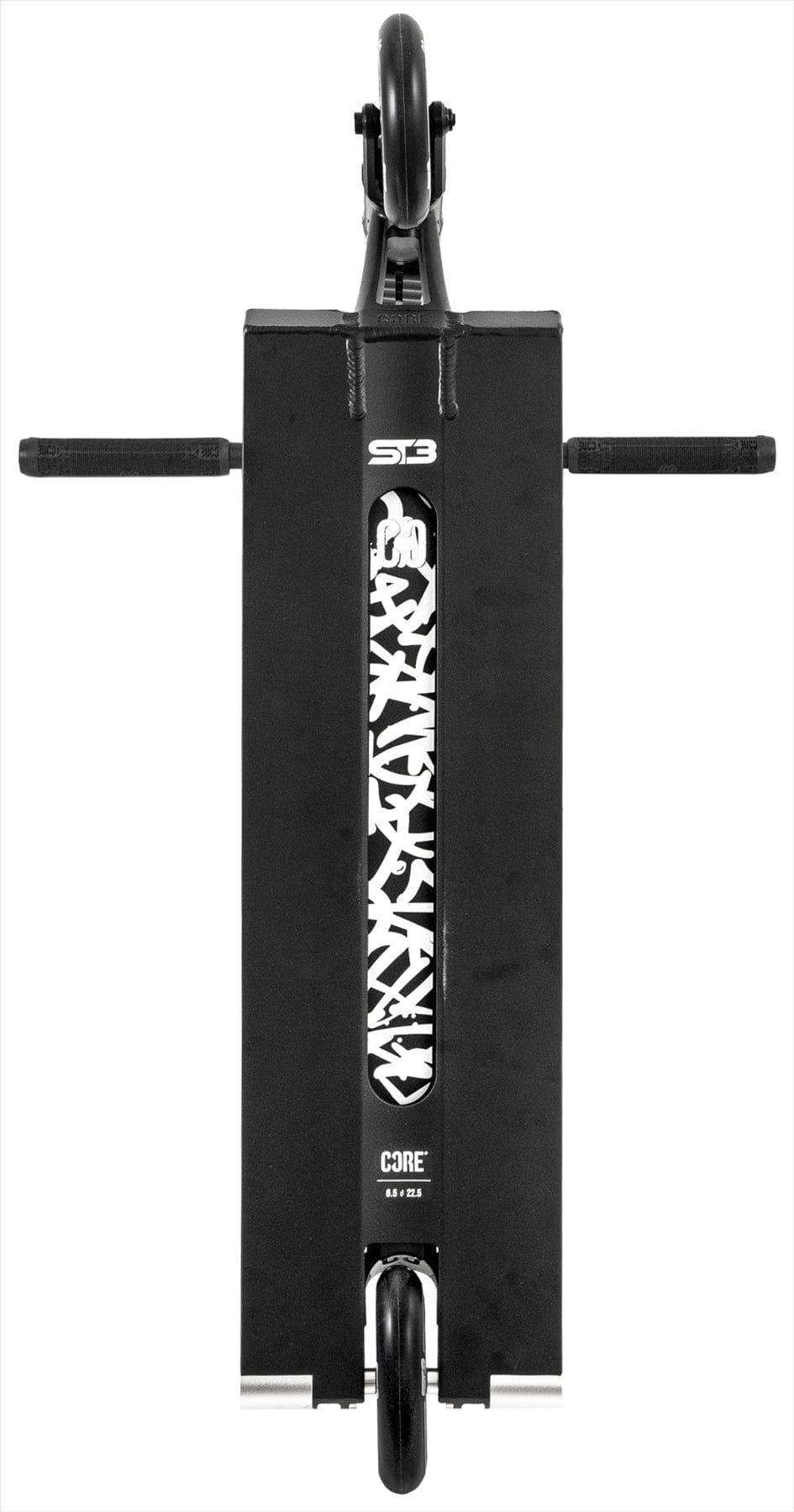 The CORE ST3 Complete Stunt Scooter by CORE features a black deck with a bold white graffiti-style graphic, pro-grade components, black handlebars extending outward, and black wheels at both ends.