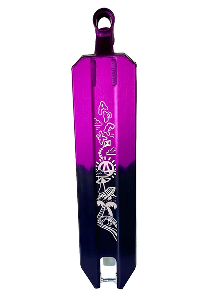 The Apex Pro Life's a Beach Special Edition Purple / Black Scooter Deck (5" x 19.3") features white engraved abstract and geometric graphics—a standout Apex deck built for style and top performance.