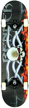 The Renner A19 Devil's Eye Complete Skateboard (7.75" x 31") features a 9-ply Chinese maple deck with skull, red eyes, tribal silver art, and orange flames on black—ideal for beginners. Brand: Renner. White wheels included.