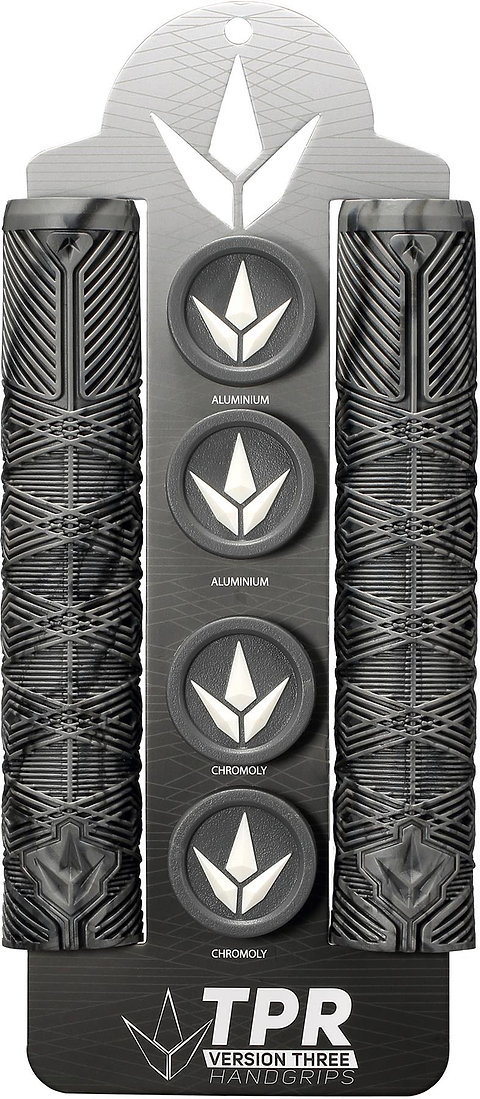 Blunt Envy V3 Grey / Black Stunt Scooter Grips - 160mm are shown vertically on branded packaging with four circular end caps labeled "Aluminum" and "Chromoly." The geometric design highlights these must-have scooter accessories.