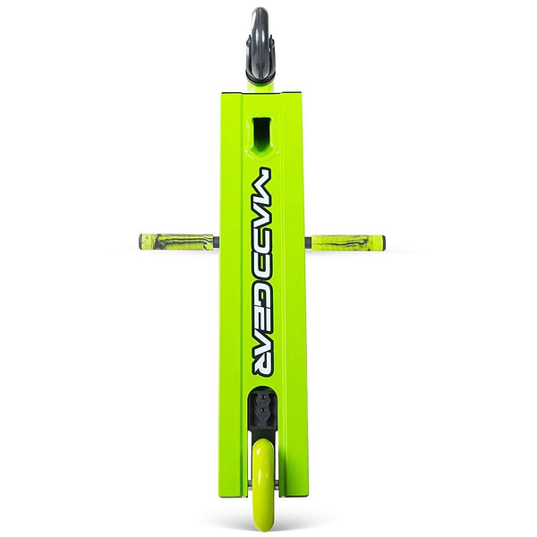 Top-down view of the Madd Gear MG 1 Raven Complete Stunt Scooter in Lime/Black, featuring high-speed ABEC-5 chrome bearings, front and rear wheels, trick pegs on both sides, and Madd Gear (MGP) branding.