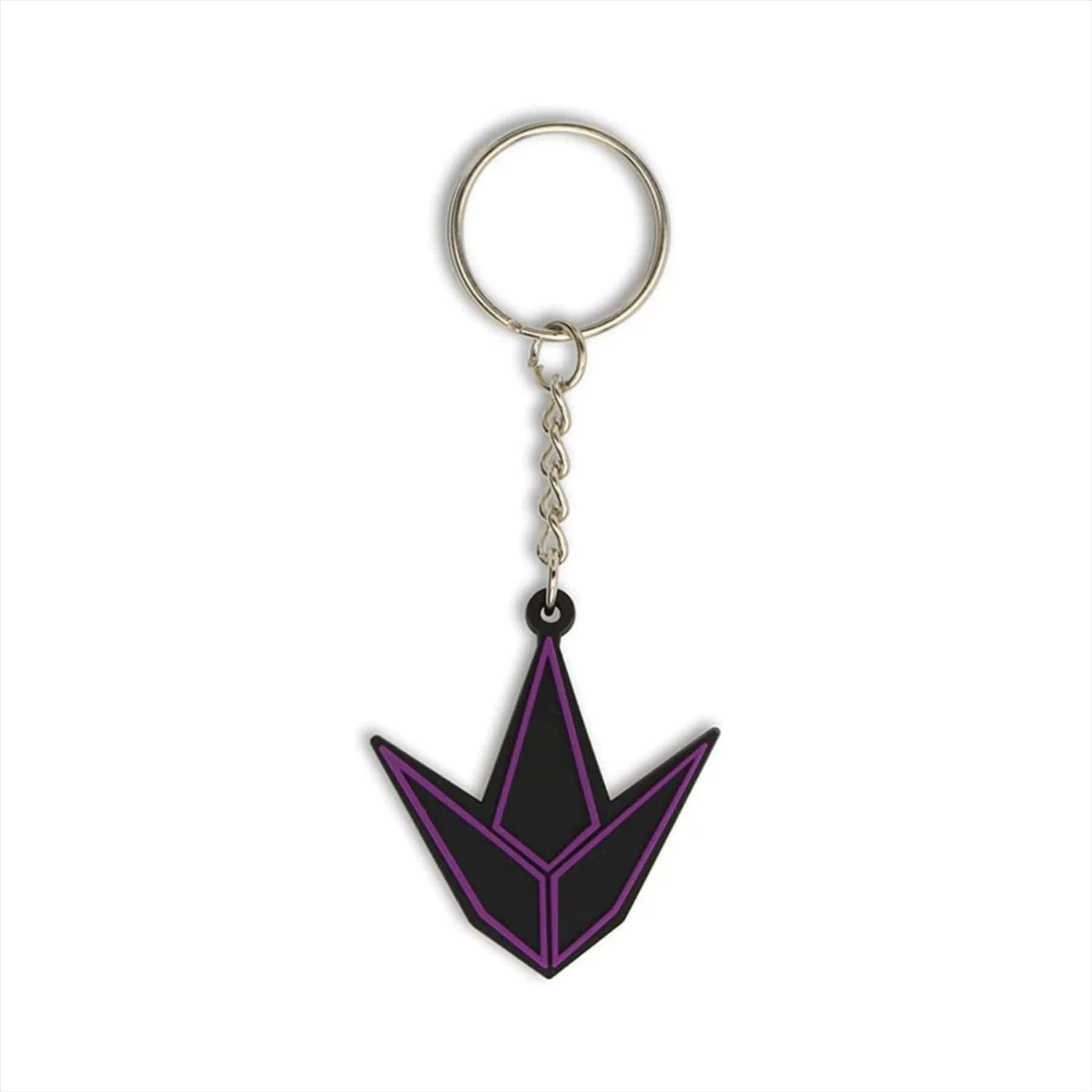 The Blunt Envy Logo Keyring - Black / Purple features a stylish, angular geometric pendant outlined in purple, resembling a downward arrow, attached to a metal key ring by a short chain.