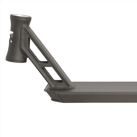 A close-up of the Root Industries Type R GT Black Stunt Scooter Deck - 5" x 18.5" showcases its integrated head tube and cutout design. The image highlights the lightweight performance and sleek, minimalist structure of this scooter component against a plain white background.