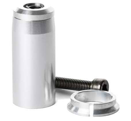The Root Industries 60mm IHC Shim & Bolt Kit includes a shiny silver fork cylinder, a screw, and a circular clamp, all shown upright on a white background.