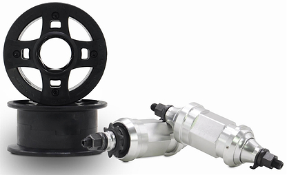 Three Wildcat OG 3A Mini BMX Bike mechanical parts are shown: two silver metal, threaded cylinders and two black plastic rounds, ideal for use with the Royal Red Wildcat bike.