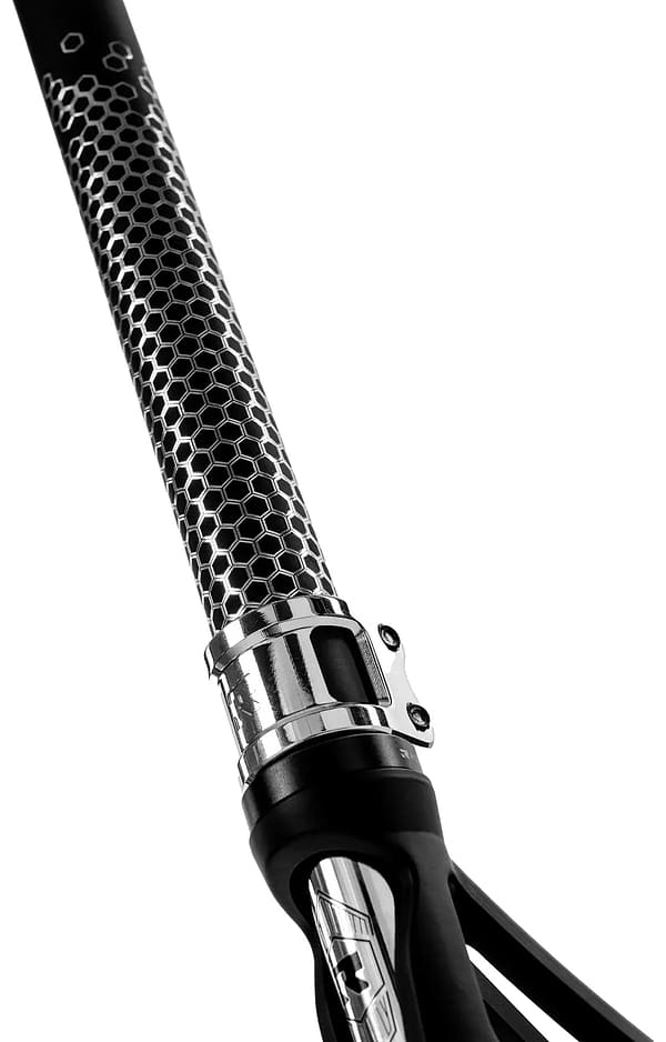 Close-up of the Root Industries Invictus V3 Complete Stunt Scooter - Black Mirror handlebar with a black and silver hex pattern, metal clamp, and visible brake lever against a white background—perfectly matching the 120mm Honeycore wheels.