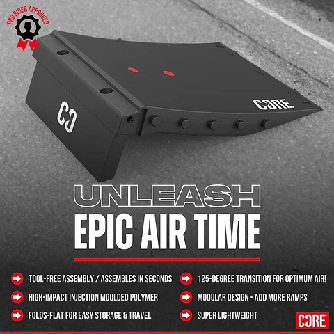 A CORE Mini Wave Skate Ramp Set - 2 Kickers & Bridge by CORE rests on pavement. Text says "Unleash Epic Air Time" with icons for a seamless wave ramp, tool-free assembly, lightweight build, and modular ramps for skaters.