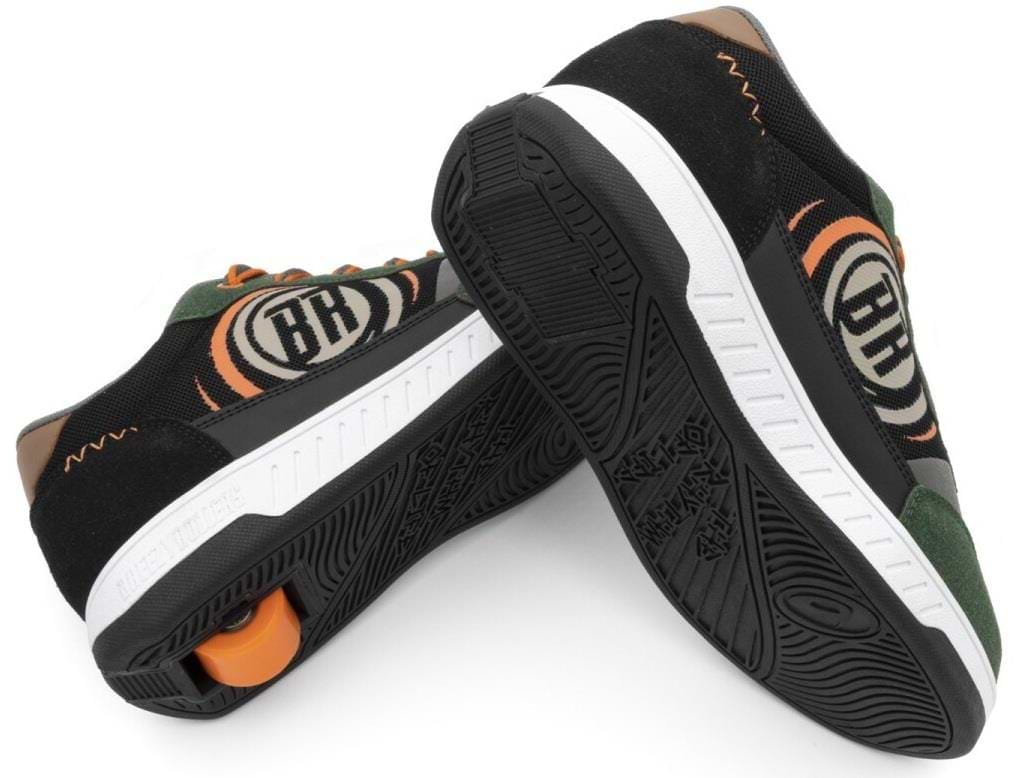 The Breezy Rollers Hero 2 Shoes - Black / Green feature black uppers, white soles, orange and green accents, a circular "BH" logo, and Breezy Rollers’ patented retractable wheel system in the heel.