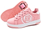 A pair of Breezy Rollers Classic Shoes - Pink / White features patented heel wheels and a circular side logo. One Breezy Rollers sneaker stands upright while the other lies on its side, displaying the wheel system.