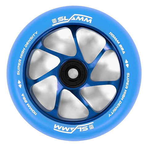 The Slamm Team 110mm Stunt Scooter Wheel in Blue/Blue features a black aluminum core, silver spokes, and white "SLAMM SUPER HIGH DENSITY 110MM 88A High-Density PU Construction" text along the edge.