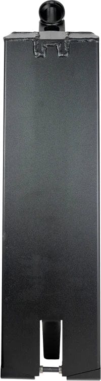 A tall, rectangular black object with a flat front and a rounded protrusion at the top, reminiscent of the Supremacy Spartan Black Stunt Scooter Deck - 5.5" x 20.5". Its glossy finish and rugged texture at the top edge make it ideal for street riding enthusiasts.