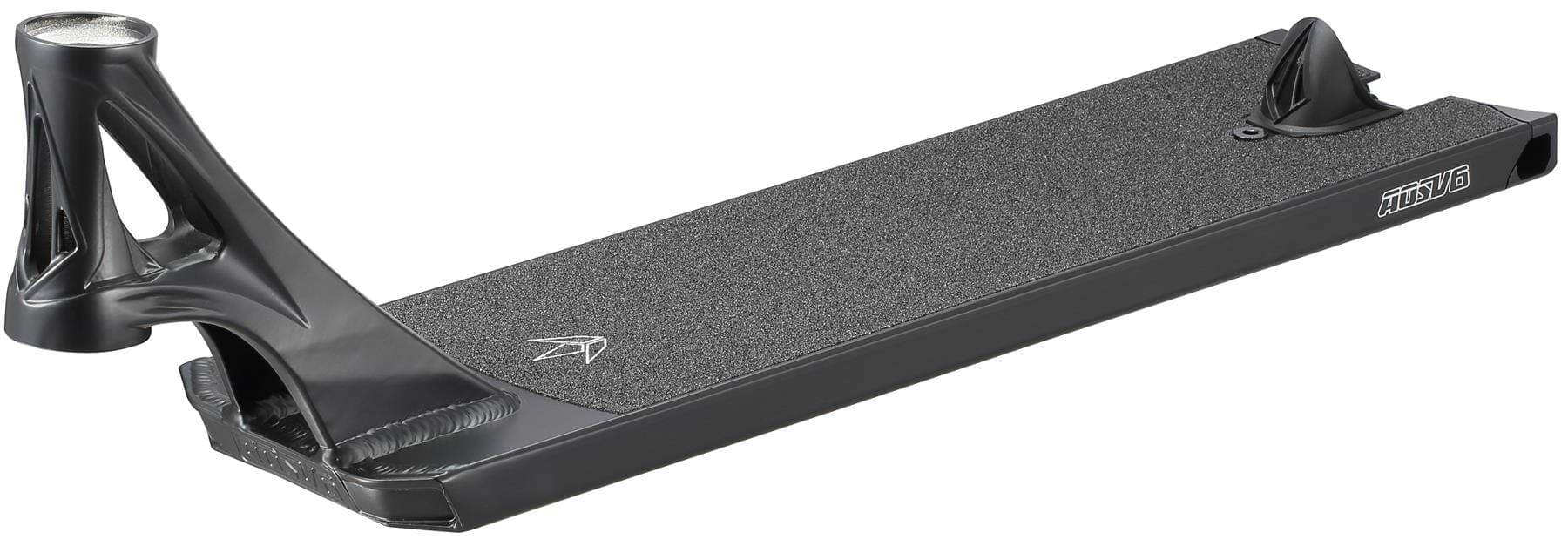 The Blunt Envy AOS V6 Squad Black Stunt Scooter Deck (6" x 22") features durable textured grip tape, an angled head tube, a rear wheel cutout, minimal branding on the side, and a sleek black design for superior control.
