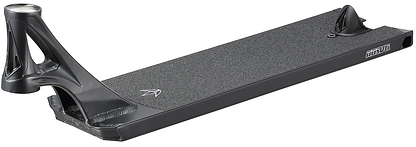 The Blunt Envy AOS V6 Squad Black Stunt Scooter Deck (6" x 22") features durable textured grip tape, an angled head tube, a rear wheel cutout, minimal branding on the side, and a sleek black design for superior control.