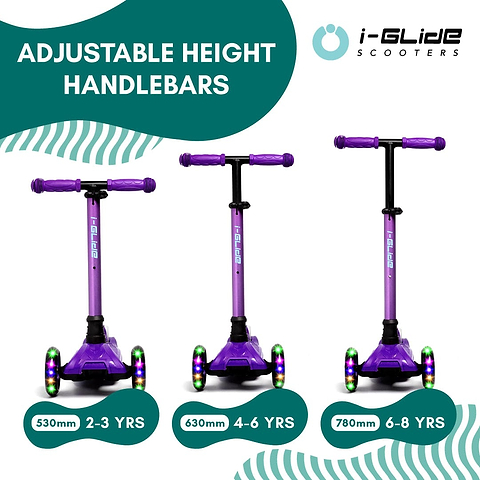 Three i-Glide 3-Wheel LED Kids Scooters in purple, each with an adjustable handlebar to suit age groups 2-3, 4-6, and 6-8 years. Each I-Glide scooter features two front wheels with colorful LED lights. I-Glide logo shown at the top right.