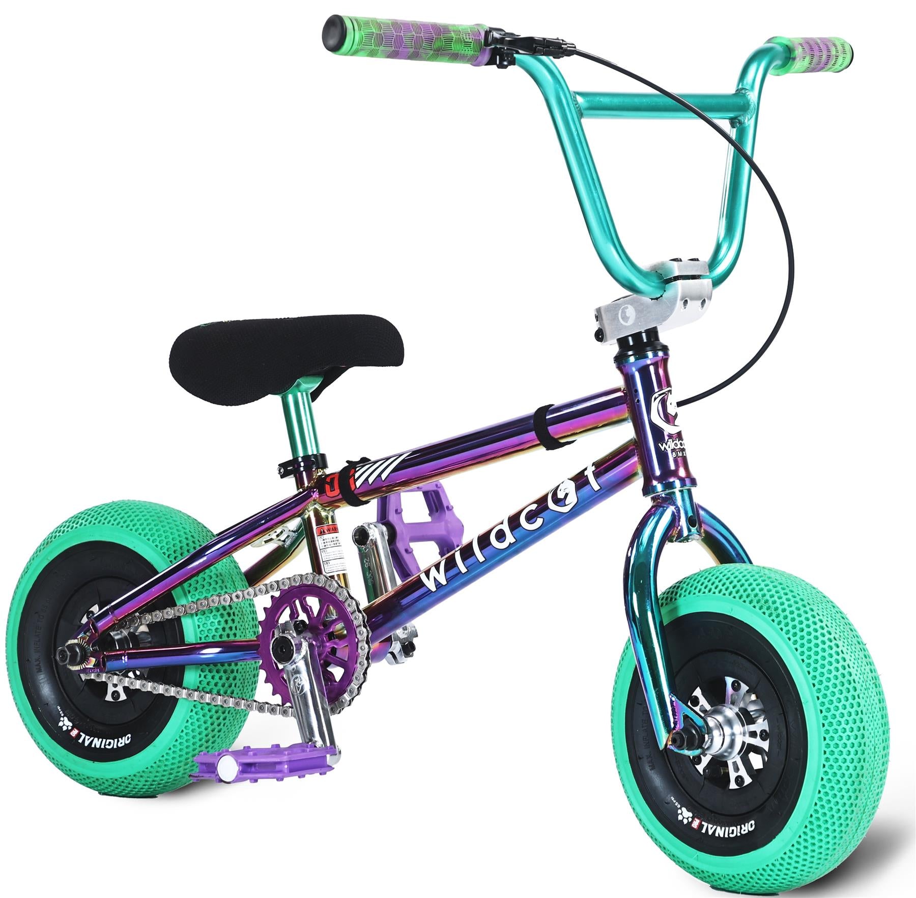 The Wildcat OG Pro Mini BMX Bike - Joker Green Hulk by Wildcat features a metallic frame, black seat, green handlebars, and bright green chunky tires with a Turbo wheel design and “wildcat” on the frame—colorful, compact, and built for action.