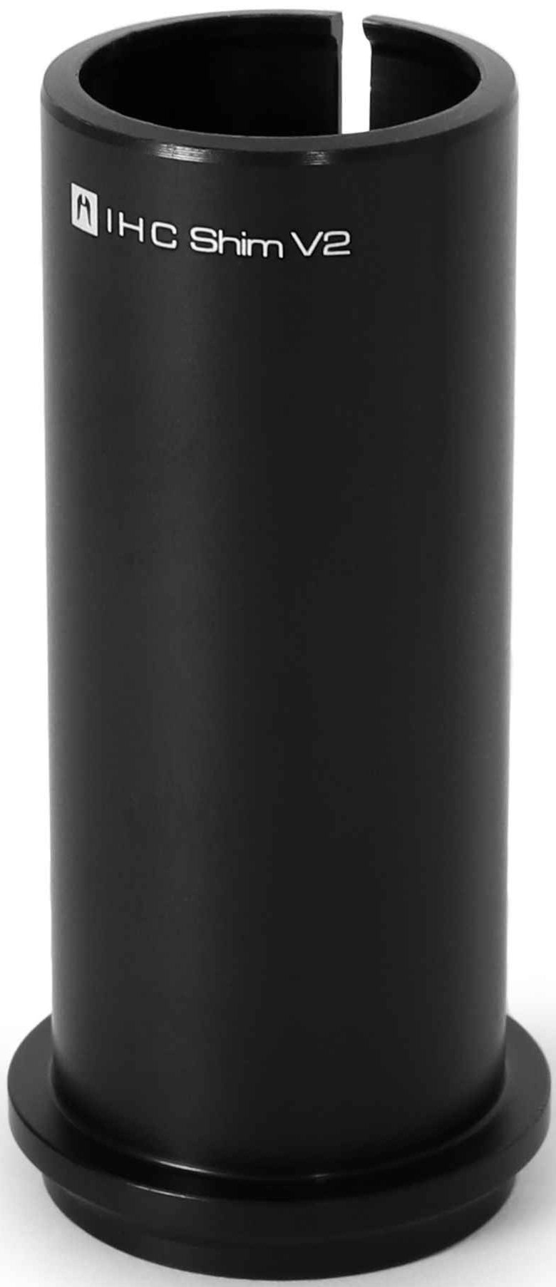 A black cylindrical metal component labeled "Ethic DTC IHC Shim - 75mm" with a slit on one side and a wider base, standing upright on a white background. This Ethic IHC Shim is an essential scooter part designed for IHC compression systems.