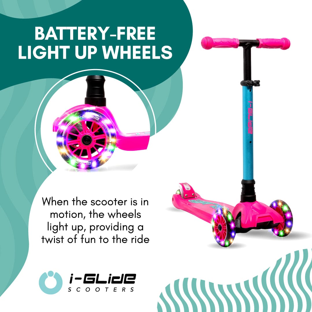 Introducing the I-Glide 3-Wheel LED Kids Scooter in Pink/Aqua, a vibrant ride designed for fun! As you glide along, the colorful, battery-free LED wheels light up, enhancing every adventure. This scooter also features an adjustable height handlebar, perfect for growing young riders.