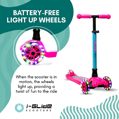 Introducing the I-Glide 3-Wheel LED Kids Scooter in Pink/Aqua, a vibrant ride designed for fun! As you glide along, the colorful, battery-free LED wheels light up, enhancing every adventure. This scooter also features an adjustable height handlebar, perfect for growing young riders.