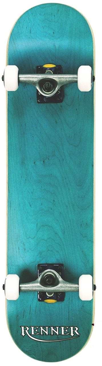 The Renner Pro Series Blue Complete Skateboard - 7.75" x 31" features a smooth wooden finish, crafted from 7 Ply Canadian Maple. It is equipped with white wheels and ABEC 9 bearings, paired with silver trucks. The deck showcases a subtle wood grain texture and proudly displays the "Renner" brand in white near the end for a sleek and stylish look.